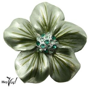 Vintage Shimmer Green Curvy Metal Flower Pin Brooch w Rhinestones 2.25"- Hey Viv